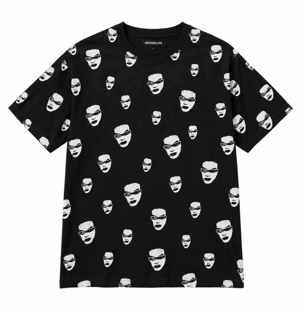 Black QRÖME Pattern Tee, front studio view
